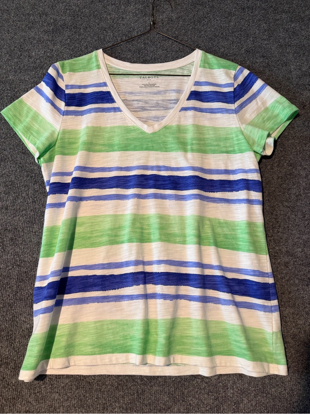 Talbots Green, Blue & White Striped V‑Neck Tee